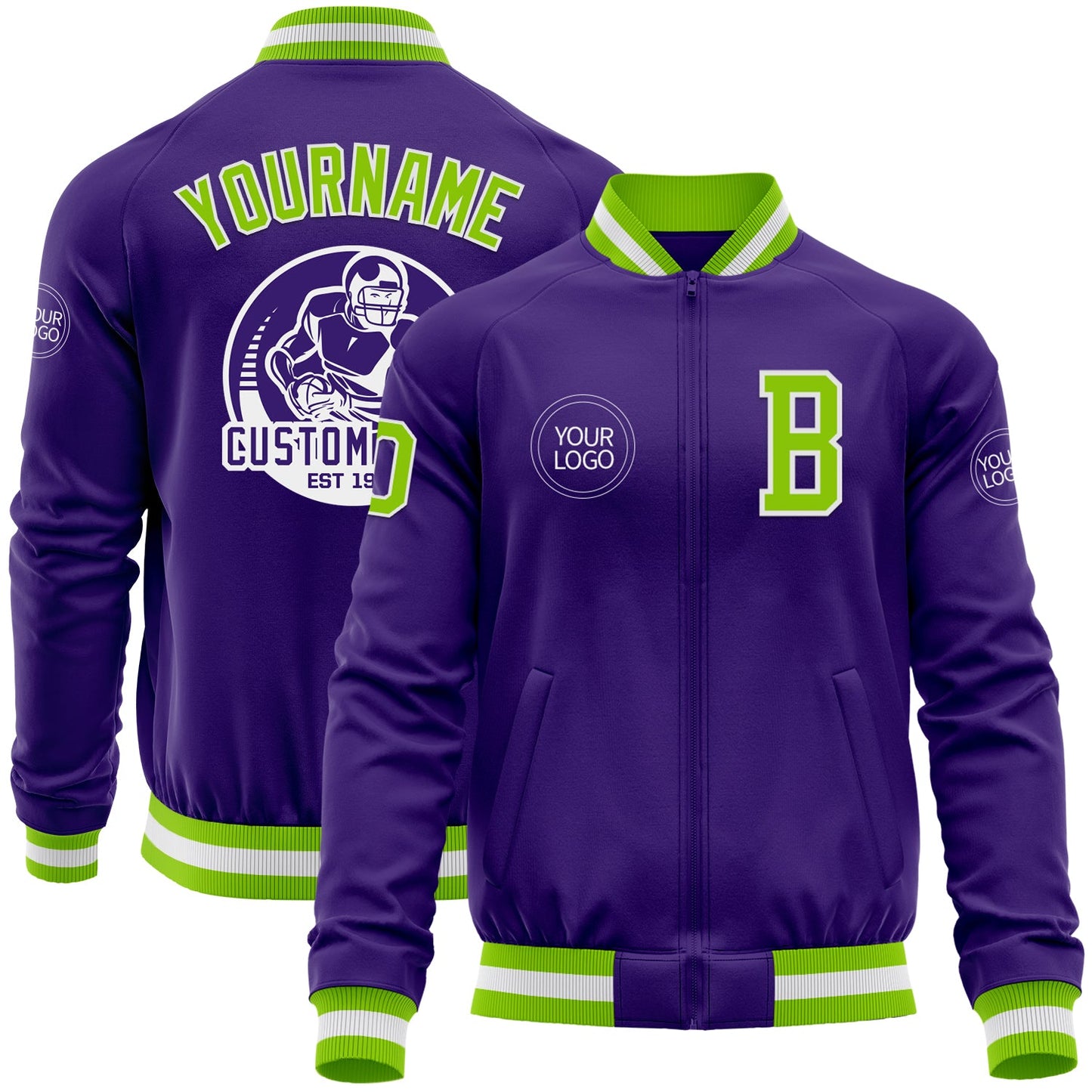 Custom Purple Neon Green-White Bomber Varsity Letterman Zipper Jacket - Main View