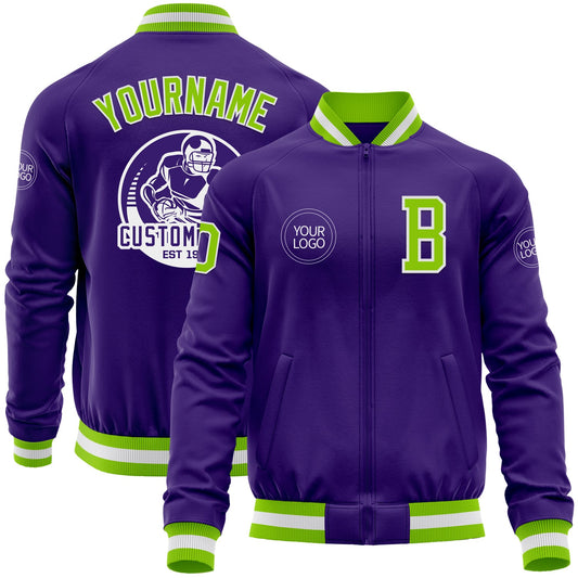 Custom Purple Neon Green-White Bomber Varsity Letterman Zipper Jacket - Main View