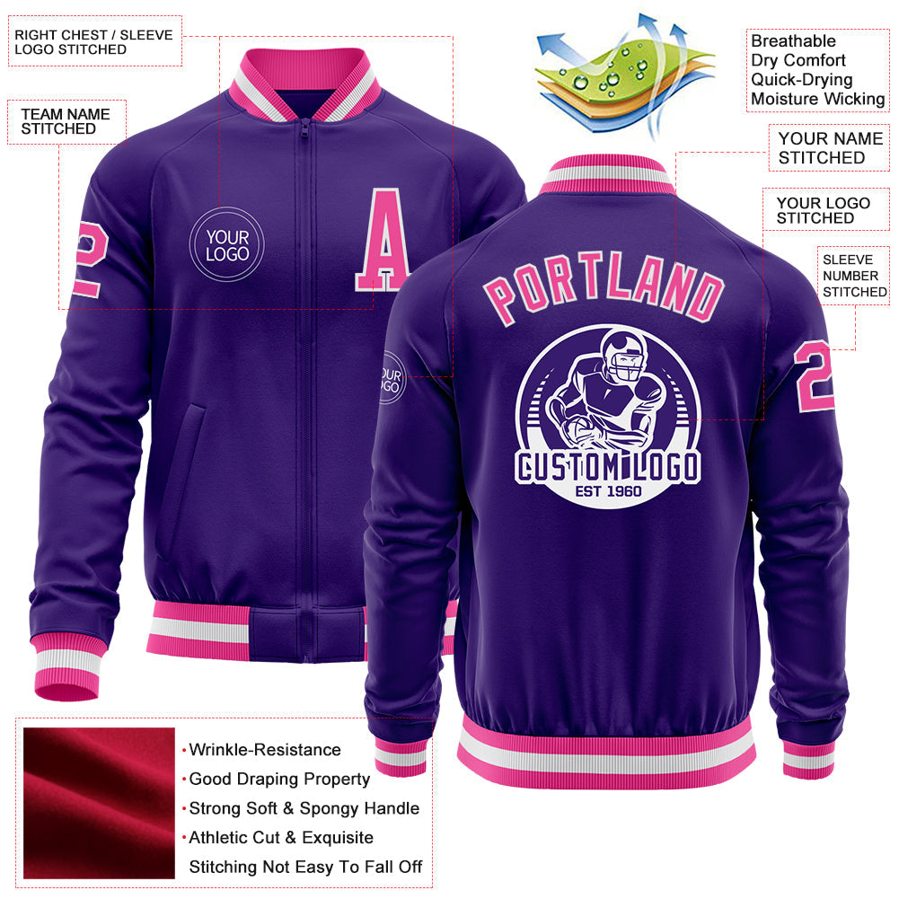 Custom Purple Pink-White Bomber Varsity Letterman Zipper Jacket view 4