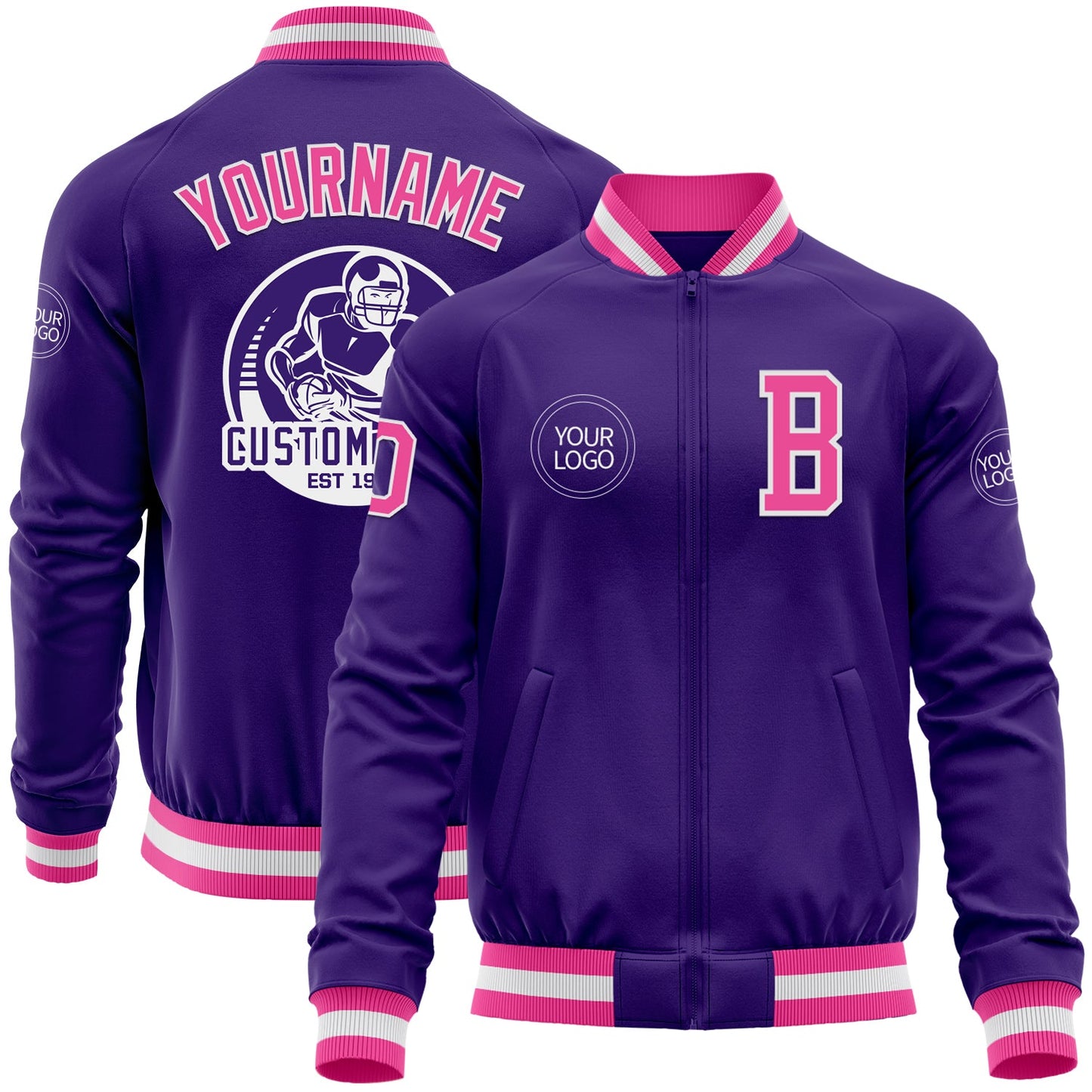 Custom Purple Pink-White Bomber Varsity Letterman Zipper Jacket - Main View