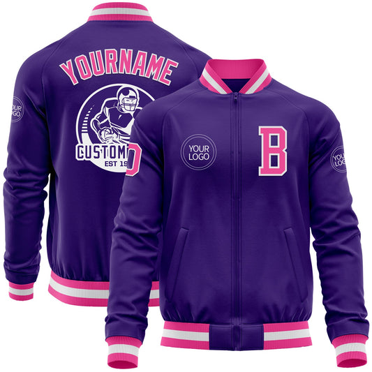 Custom Purple Pink-White Bomber Varsity Letterman Zipper Jacket - Main View