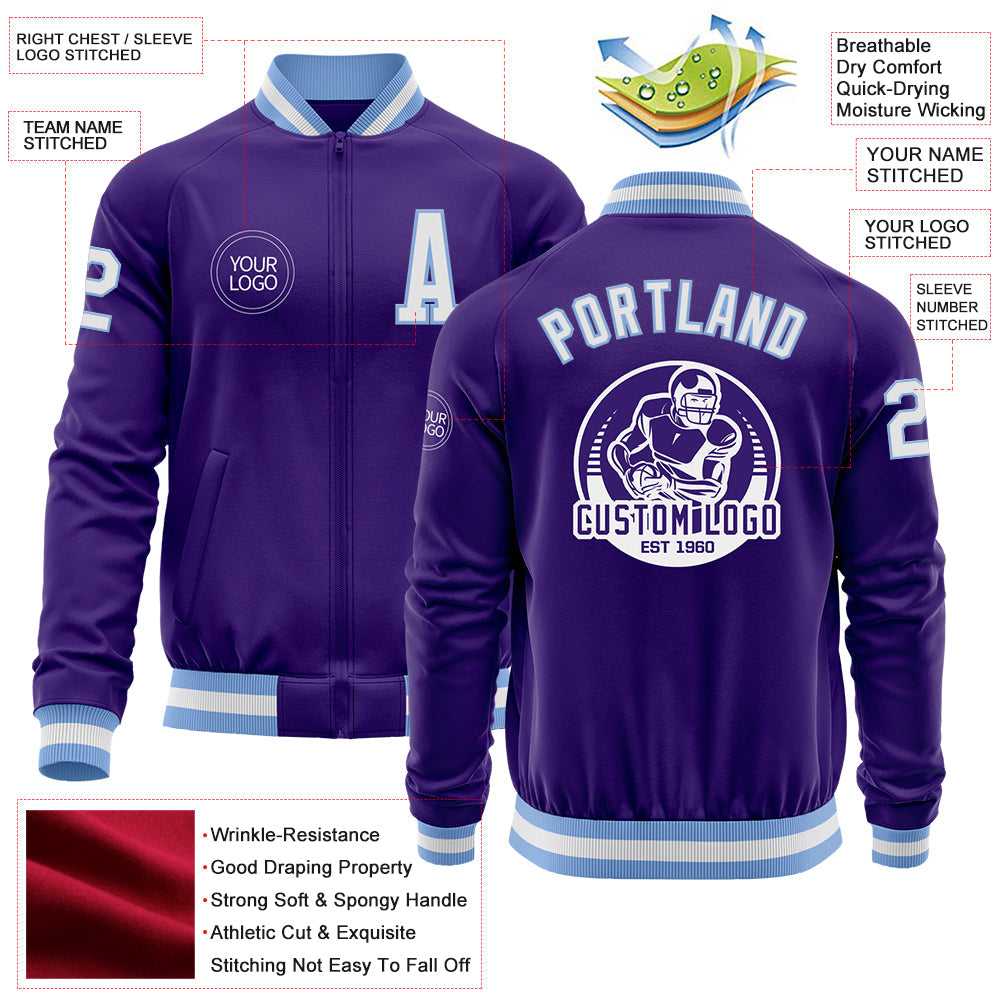 Custom Purple White-Light Blue Bomber Varsity Letterman Zipper Jacket view 4