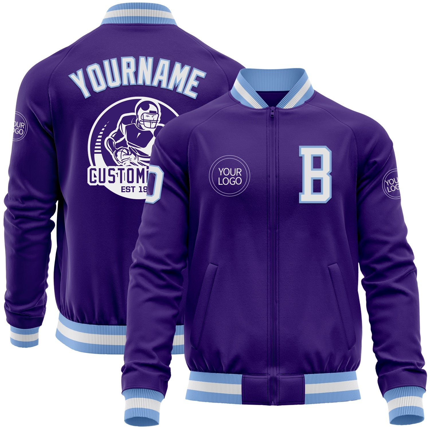 Custom Purple White-Light Blue Bomber Varsity Letterman Zipper Jacket - Main View