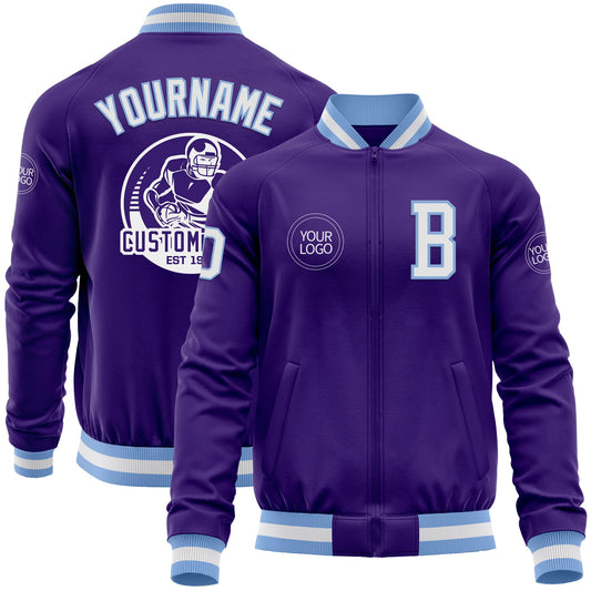 Custom Purple White-Light Blue Bomber Varsity Letterman Zipper Jacket - Main View