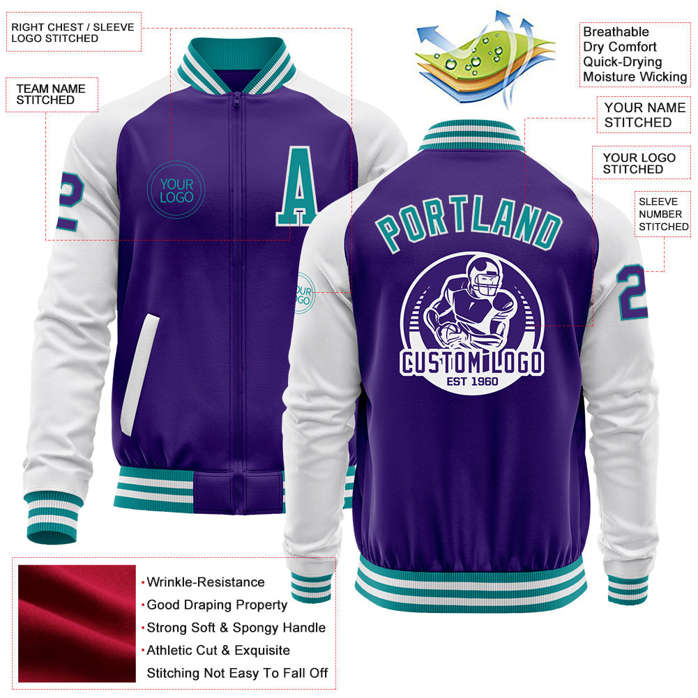 Custom Purple Teal-White Bomber Varsity Letterman Two Tone Zipper Jacket view 4