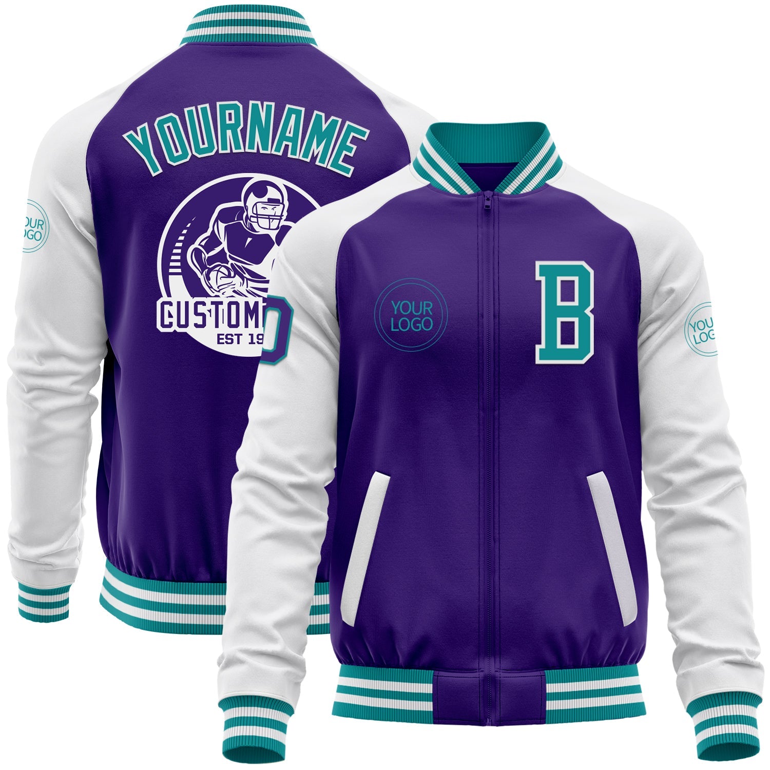 Custom Purple Teal-White Bomber Varsity Letterman Two Tone Zipper Jacket - Main View
