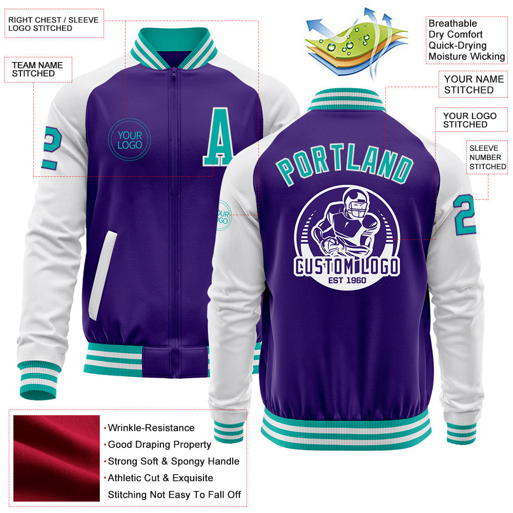 Custom Purple Aqua-White Bomber Varsity Letterman Two Tone Zipper Jacket view 4