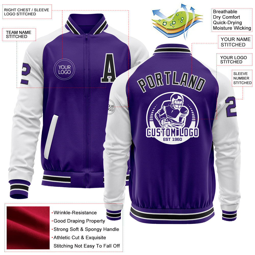 Custom Purple Black-White Bomber Varsity Letterman Two Tone Zipper Jacket view 4