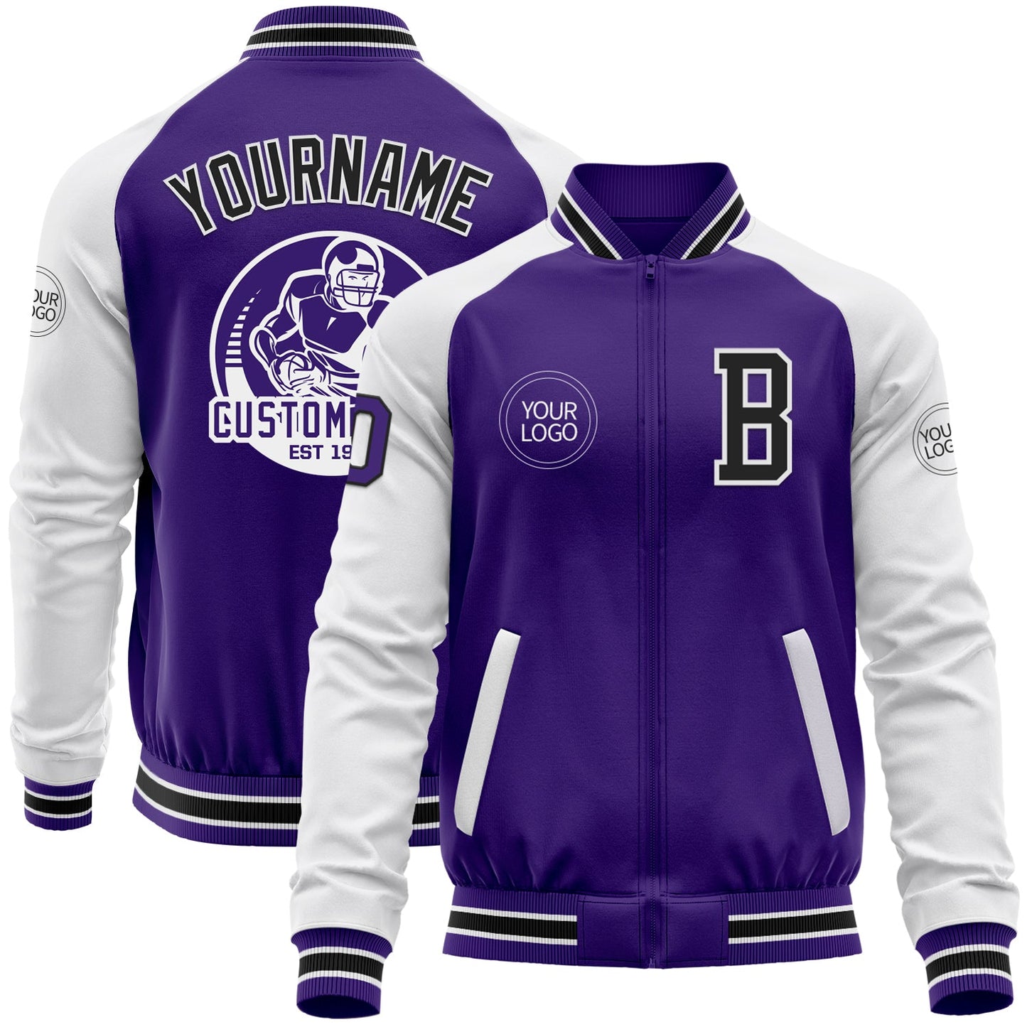 Custom Purple Black-White Bomber Varsity Letterman Two Tone Zipper Jacket - Main View