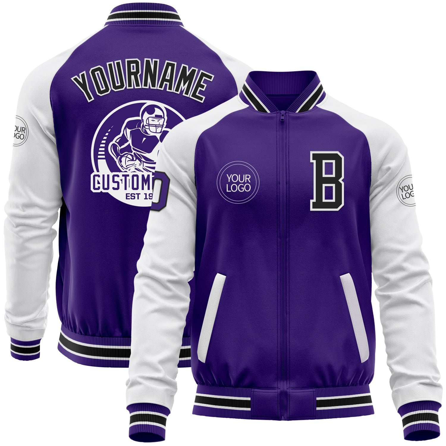 Custom Purple Black-White Bomber Varsity Letterman Two Tone Zipper Jacket - Main View
