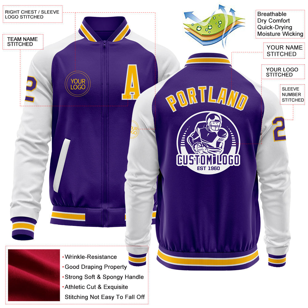 Custom Purple Gold-White Bomber Varsity Letterman Two Tone Zipper Jacket view 4