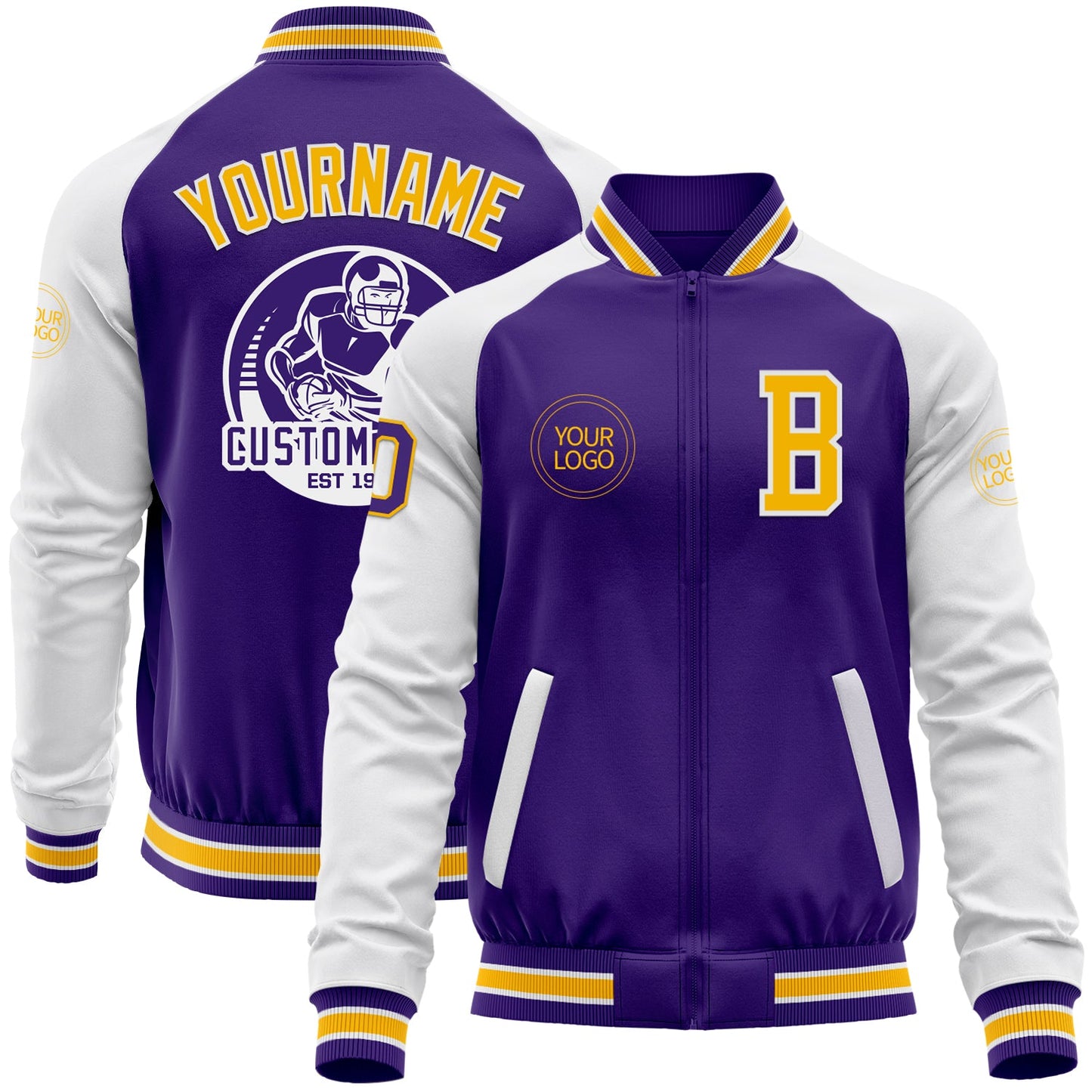 Custom Purple Gold-White Bomber Varsity Letterman Two Tone Zipper Jacket - Main View