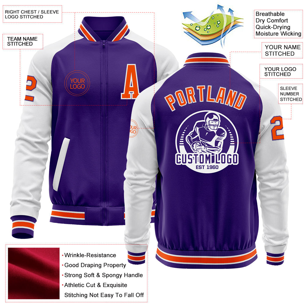 Custom Purple Orange-White Bomber Varsity Letterman Two Tone Zipper Jacket view 4
