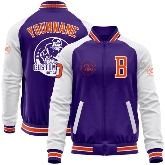 Custom Purple Orange-White Bomber Varsity Letterman Two Tone Zipper Jacket - Main View