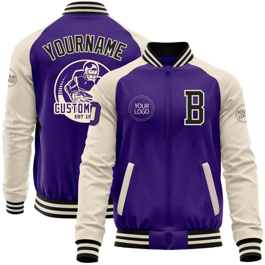 Custom Purple Black-Cream Bomber Varsity Letterman Two Tone Zipper Jacket - Main View