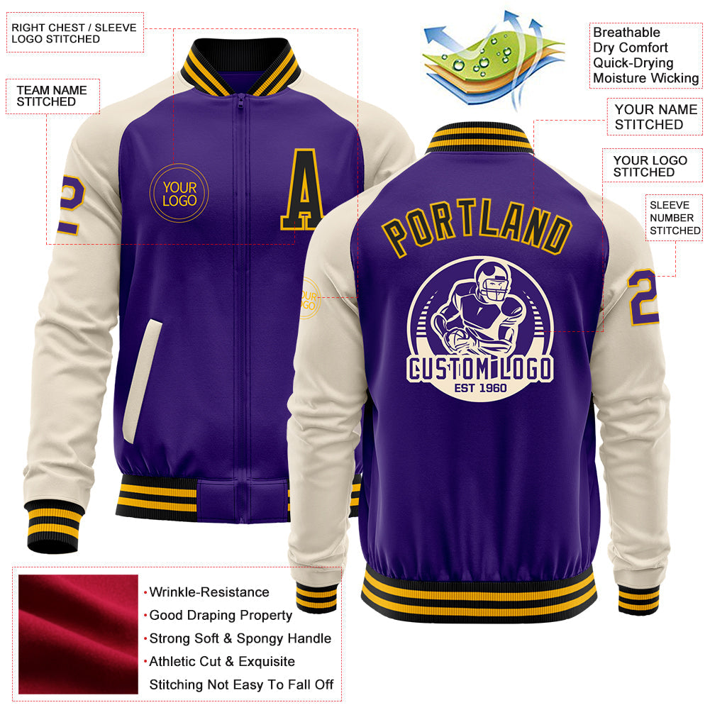 Custom Purple Black Gold-Cream Bomber Varsity Letterman Two Tone Zipper Jacket view 4