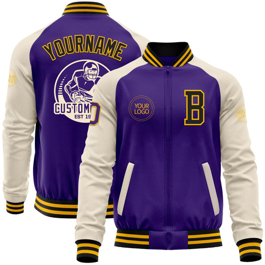 Custom Purple Black Gold-Cream Bomber Varsity Letterman Two Tone Zipper Jacket - Main View