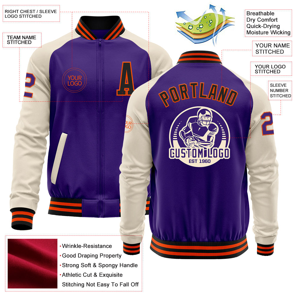 Custom Purple Black Orange-Cream Bomber Varsity Letterman Two Tone Zipper Jacket view 4