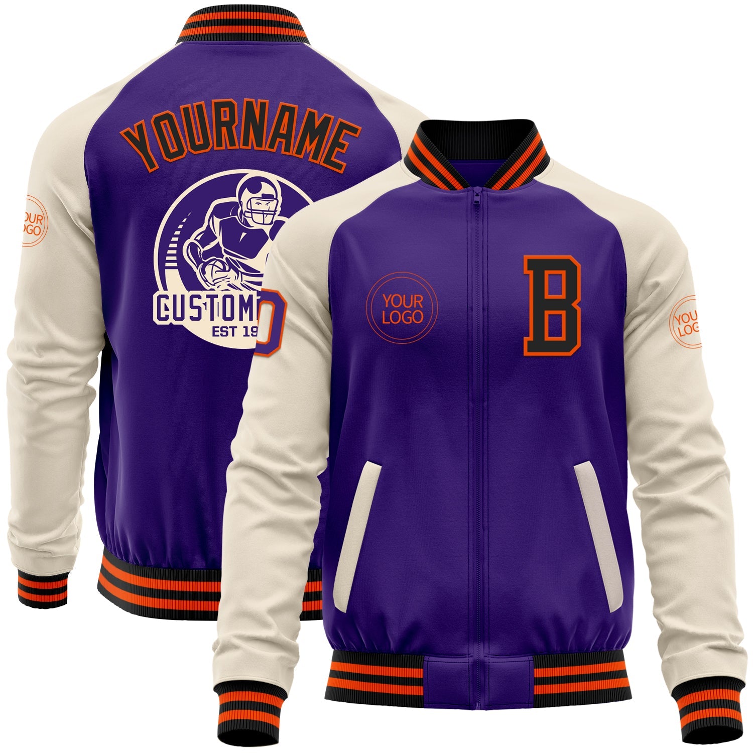 Custom Purple Black Orange-Cream Bomber Varsity Letterman Two Tone Zipper Jacket - Main View