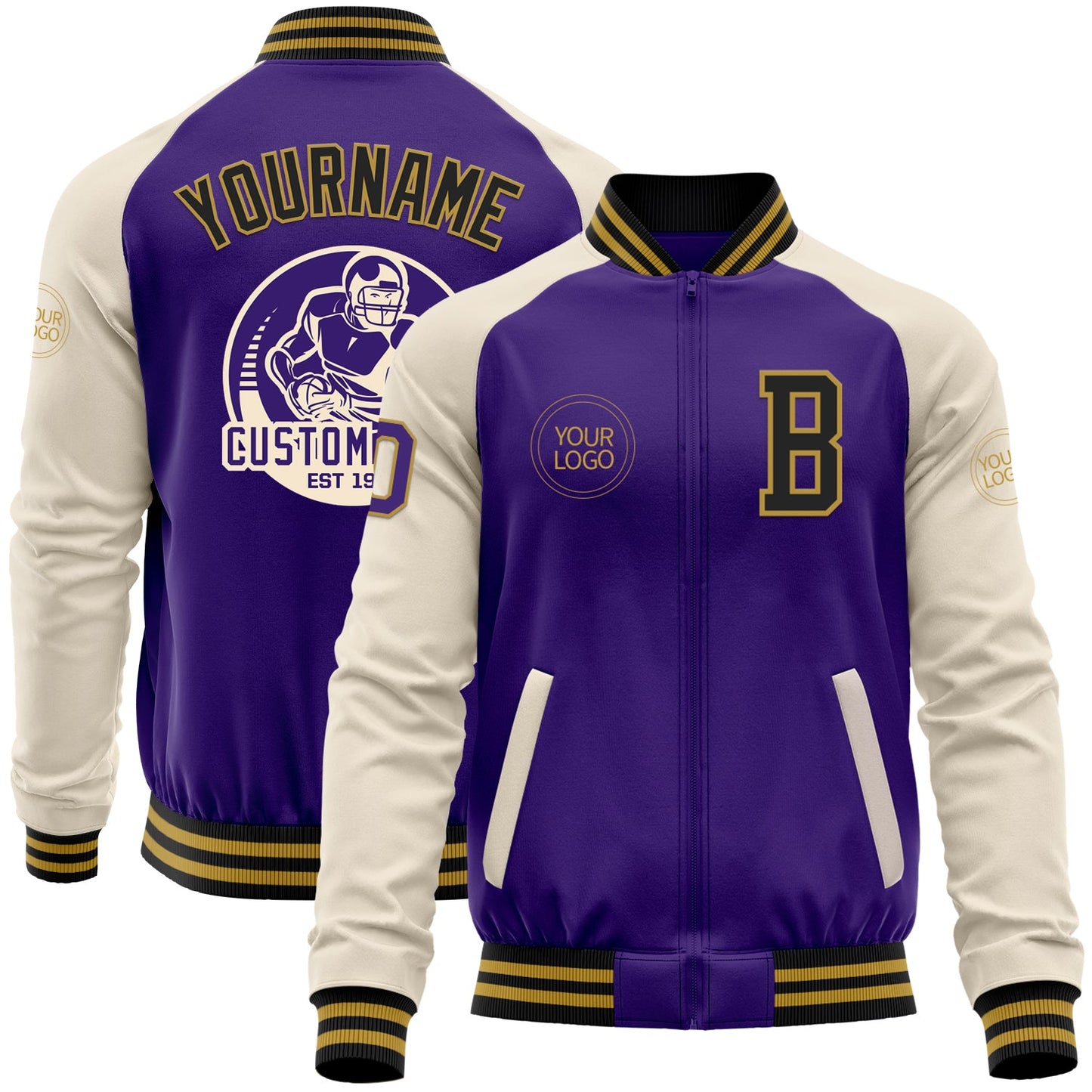 Custom Purple Black Old Gold-Cream Bomber Varsity Letterman Two Tone Zipper Jacket - Main View