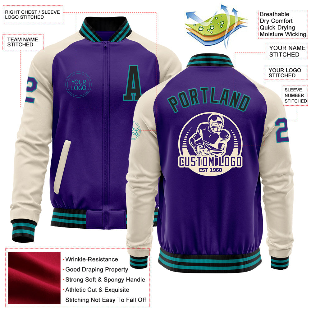 Custom Purple Black Teal-Cream Bomber Varsity Letterman Two Tone Zipper Jacket view 4