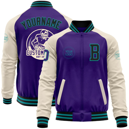 Custom Purple Black Teal-Cream Bomber Varsity Letterman Two Tone Zipper Jacket - Main View