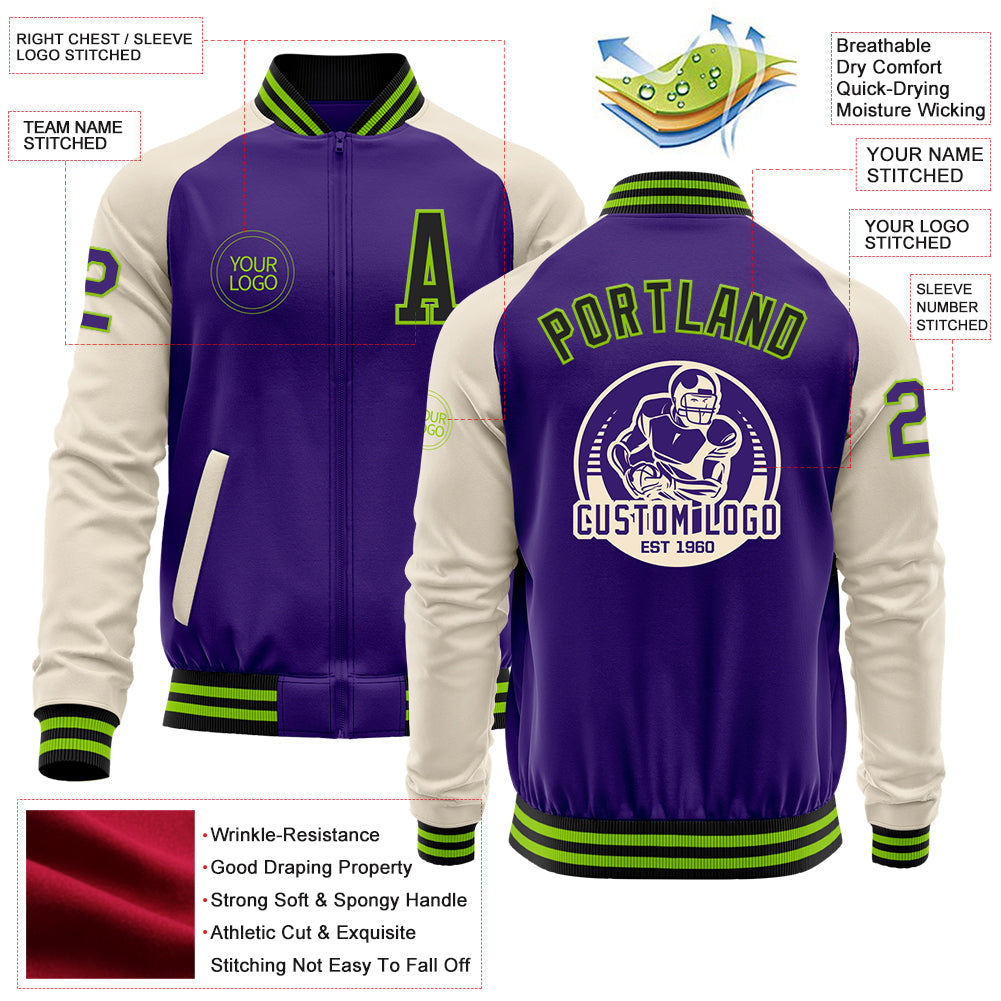 Custom Purple Black Neon Green-Cream Bomber Varsity Letterman Two Tone Zipper Jacket view 4