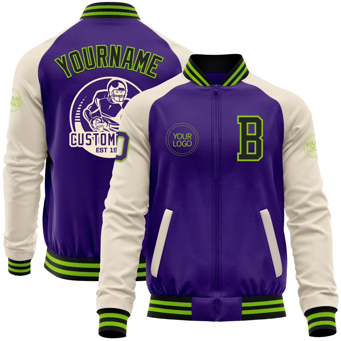 Custom Purple Black Neon Green-Cream Bomber Varsity Letterman Two Tone Zipper Jacket - Main View