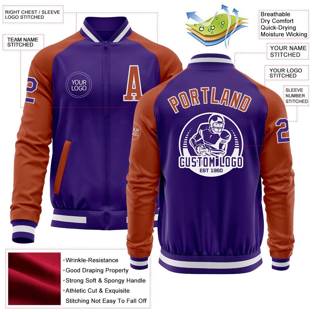 Custom Purple Texas Orange-White Bomber Varsity Letterman Two Tone Zipper Jacket view 4