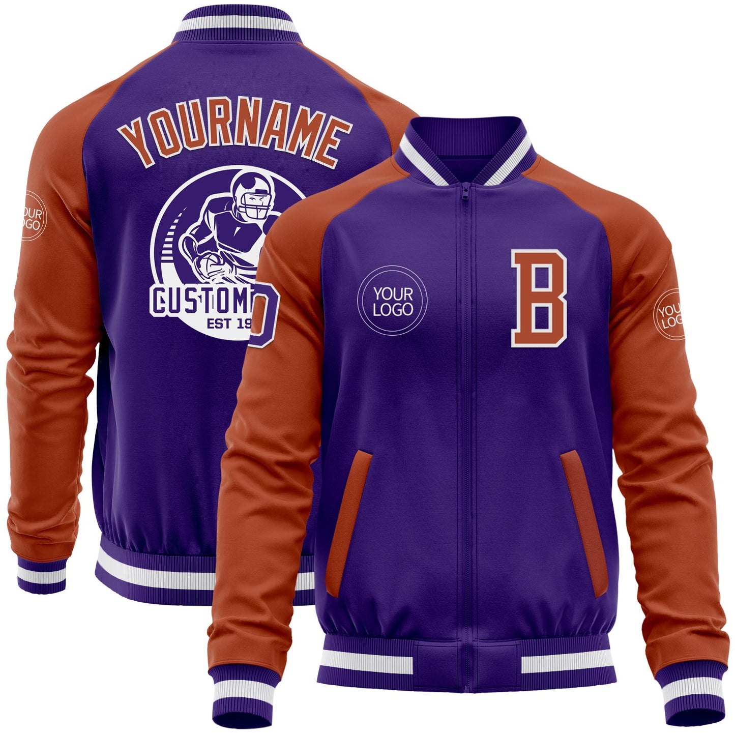 Custom Purple Texas Orange-White Bomber Varsity Letterman Two Tone Zipper Jacket - Main View
