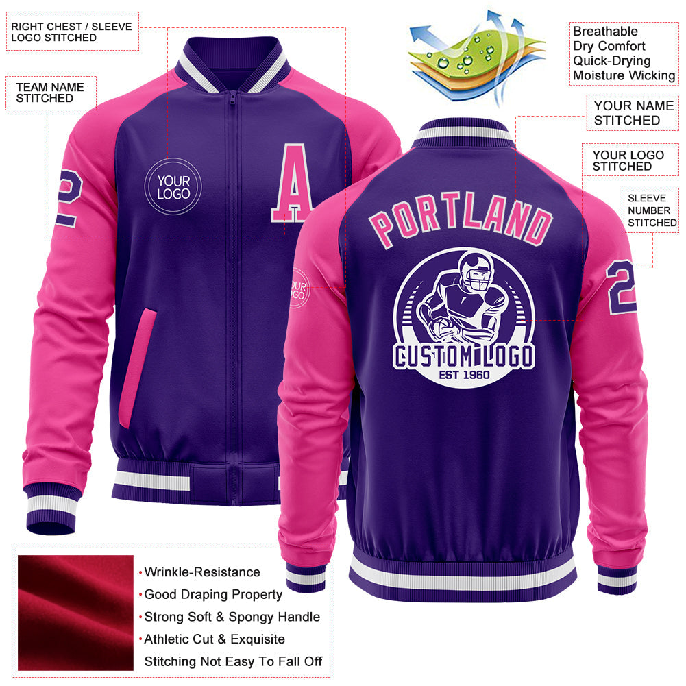 Custom Purple Pink-White Bomber Varsity Letterman Two Tone Zipper Jacket view 4