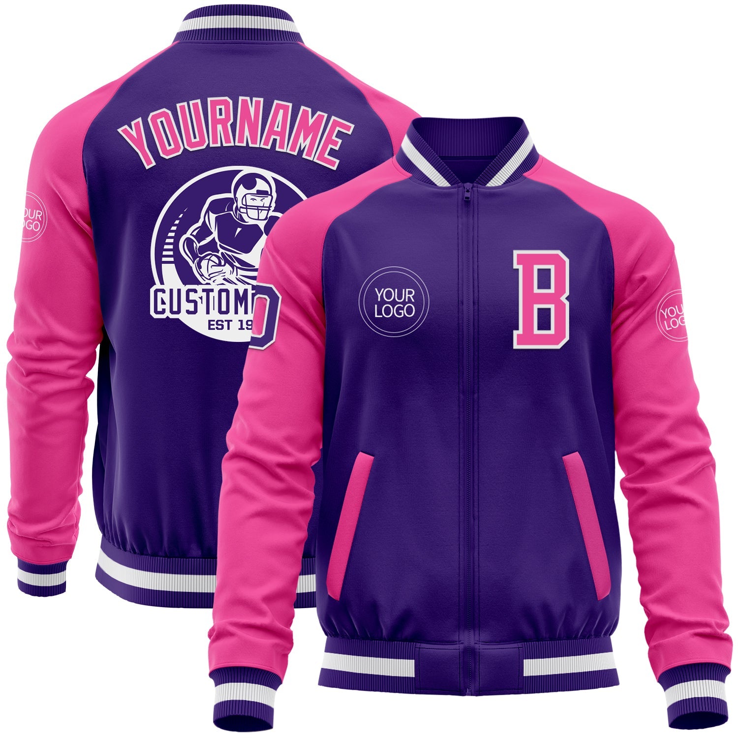 Custom Purple Pink-White Bomber Varsity Letterman Two Tone Zipper Jacket - Main View