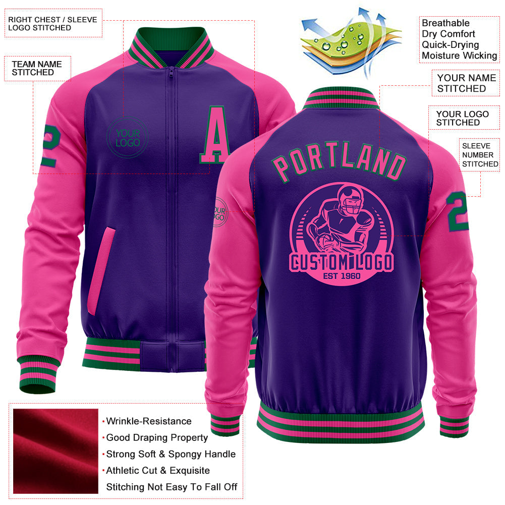 Custom Purple Pink-Kelly Green Bomber Varsity Letterman Two Tone Zipper Jacket view 4