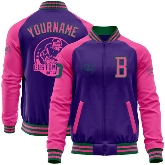 Custom Purple Pink-Kelly Green Bomber Varsity Letterman Two Tone Zipper Jacket - Main View