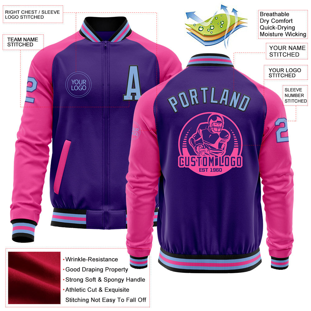 Custom Purple Light Blue Black-Pink Bomber Varsity Letterman Two Tone Zipper Jacket view 4