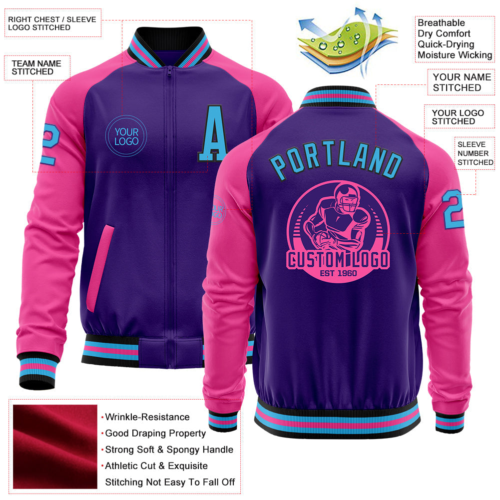 Custom Purple Sky Blue Black-Pink Bomber Varsity Letterman Two Tone Zipper Jacket view 4