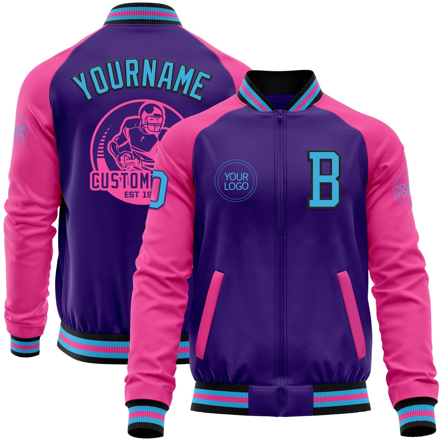 Custom Purple Sky Blue Black-Pink Bomber Varsity Letterman Two Tone Zipper Jacket - Main View