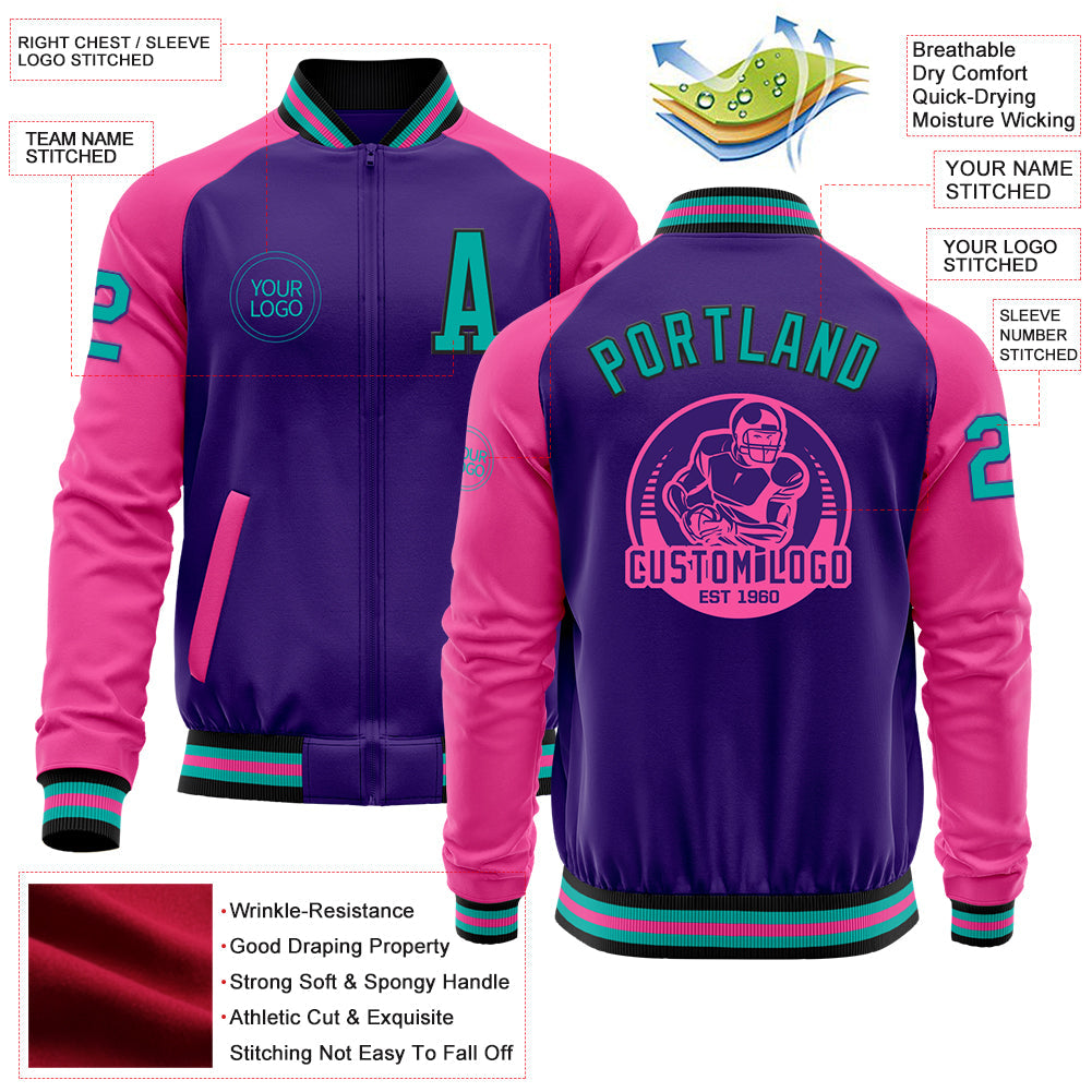 Custom Purple Aqua Black-Pink Bomber Varsity Letterman Two Tone Zipper Jacket view 4