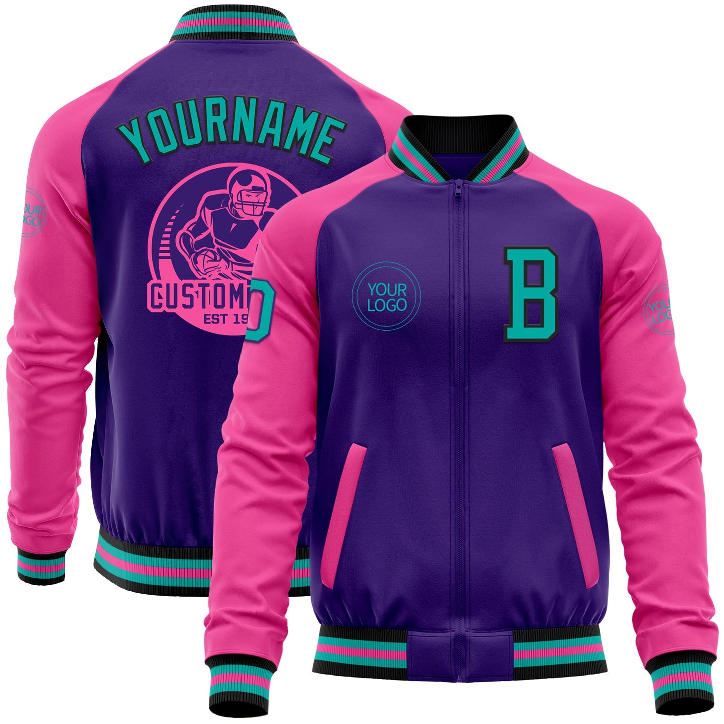 Custom Purple Aqua Black-Pink Bomber Varsity Letterman Two Tone Zipper Jacket - Main View
