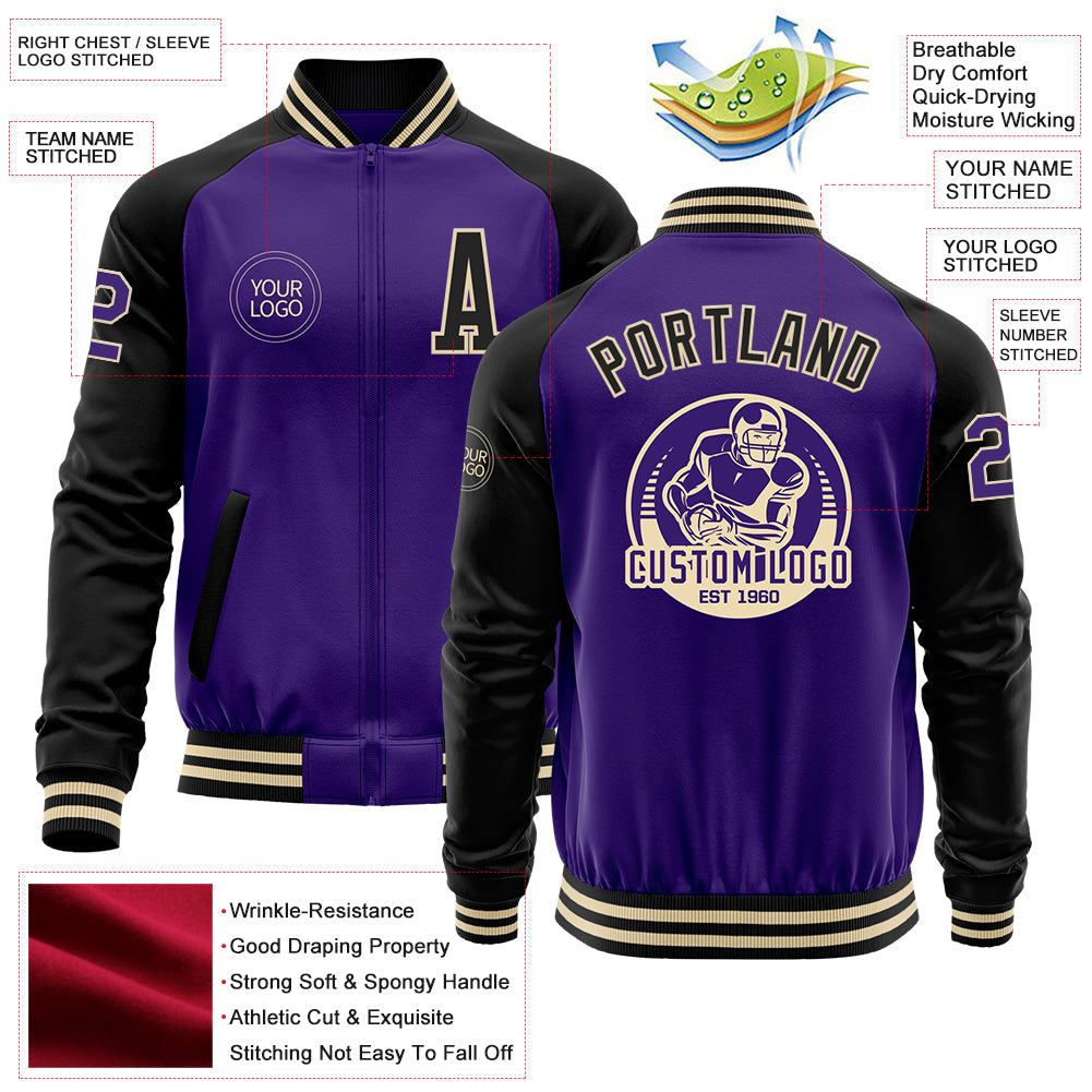 Custom Purple Black-Cream Bomber Varsity Letterman Two Tone Zipper Jacket view 4