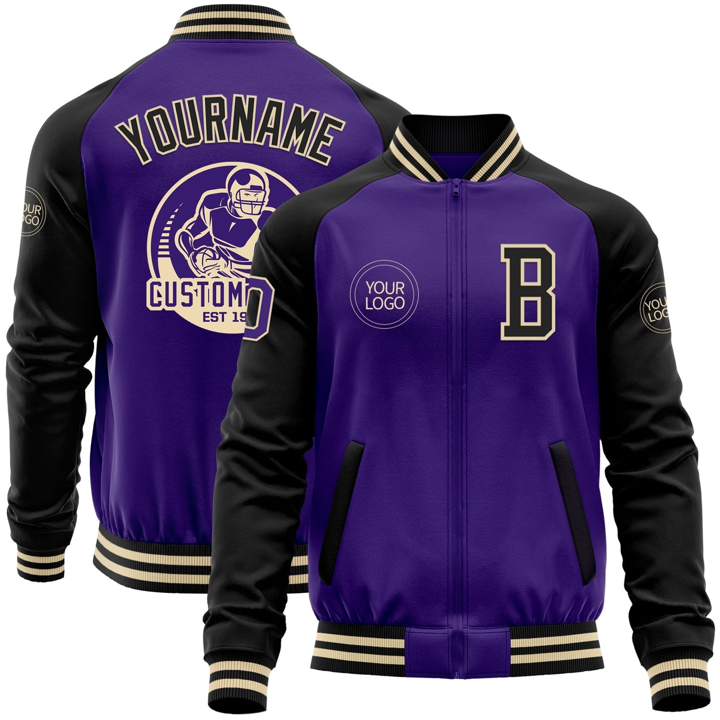 Custom Purple Black-Cream Bomber Varsity Letterman Two Tone Zipper Jacket - Main View