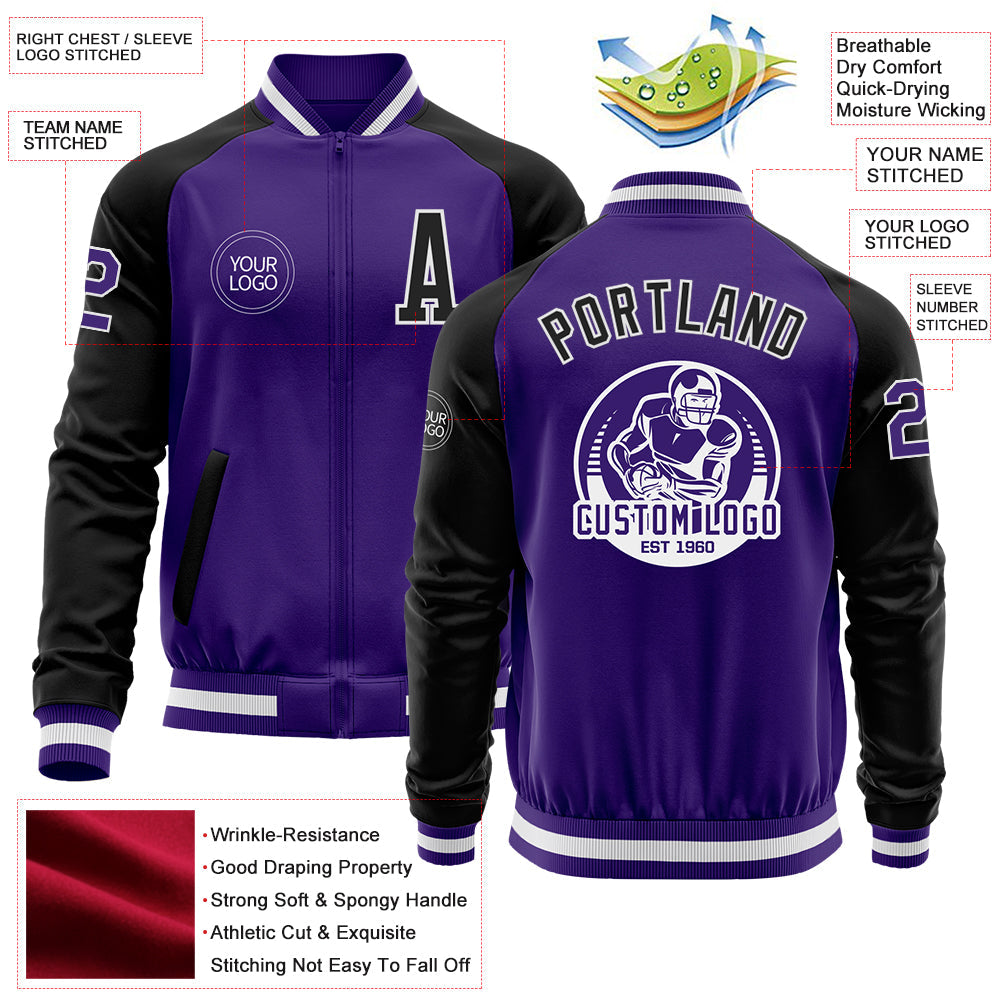 Custom Purple Black-White Bomber Varsity Letterman Two Tone Zipper Jacket view 4