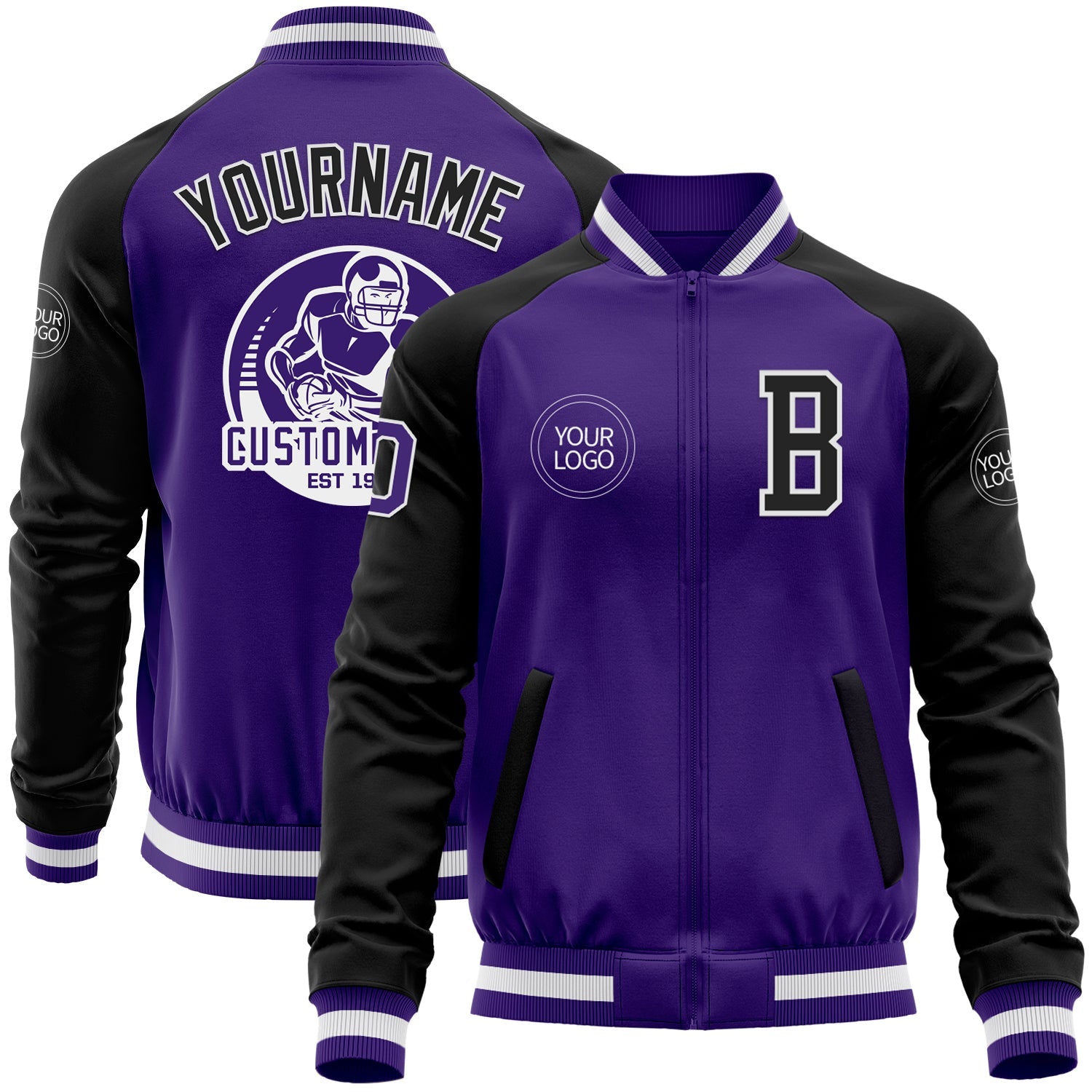 Custom Purple Black-White Bomber Varsity Letterman Two Tone Zipper Jacket - Main View