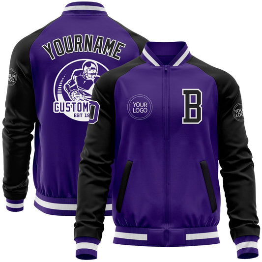 Custom Purple Black-White Bomber Varsity Letterman Two Tone Zipper Jacket - Main View