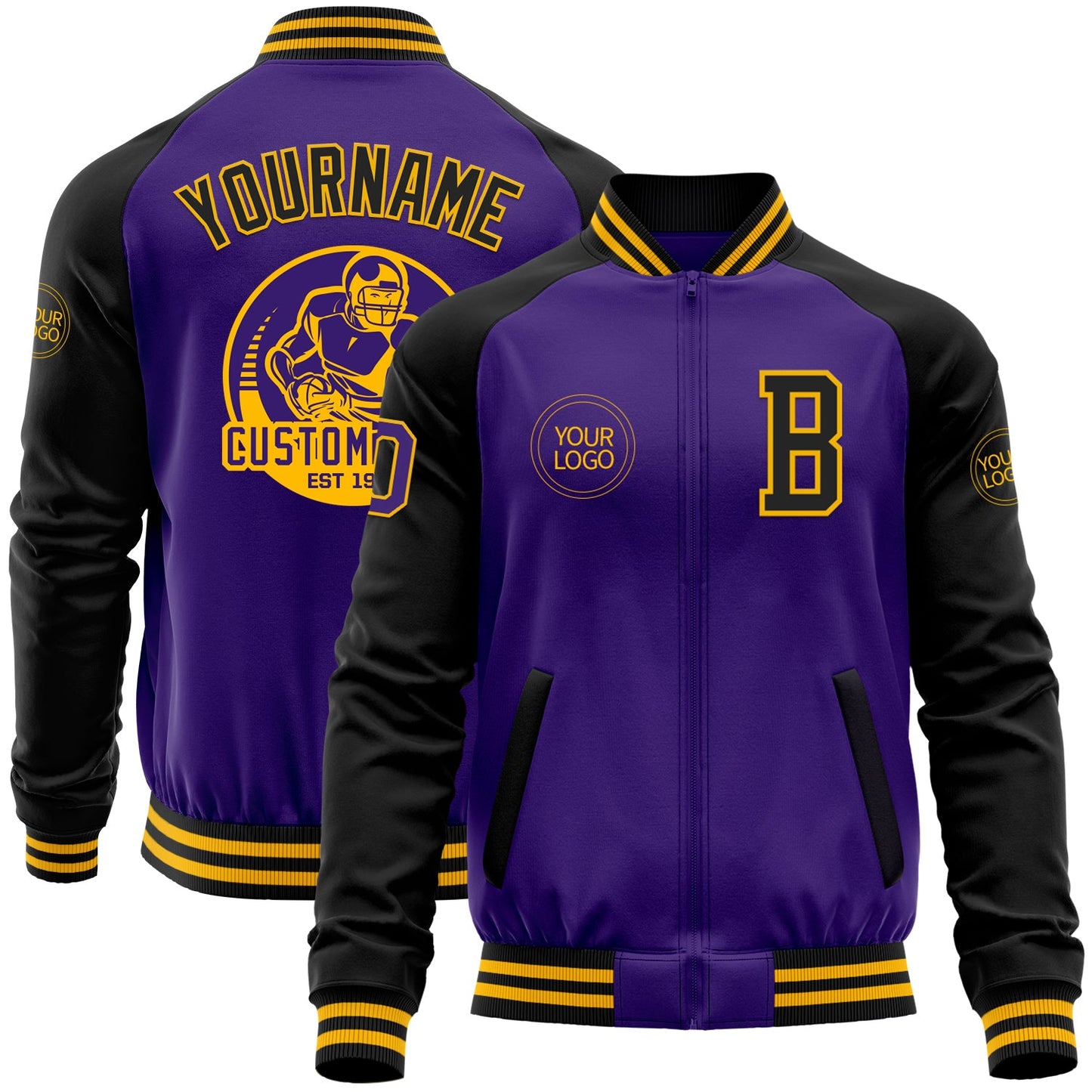 Custom Purple Black-Gold Bomber Varsity Letterman Two Tone Zipper Jacket - Main View