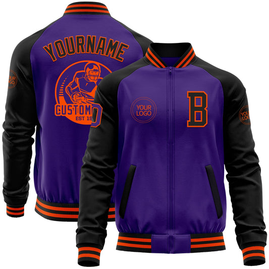 Custom Purple Black-Orange Bomber Varsity Letterman Two Tone Zipper Jacket - Main View