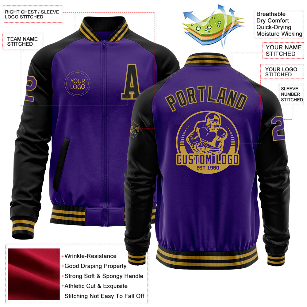 Custom Purple Black-Old Gold Bomber Varsity Letterman Two Tone Zipper Jacket view 4