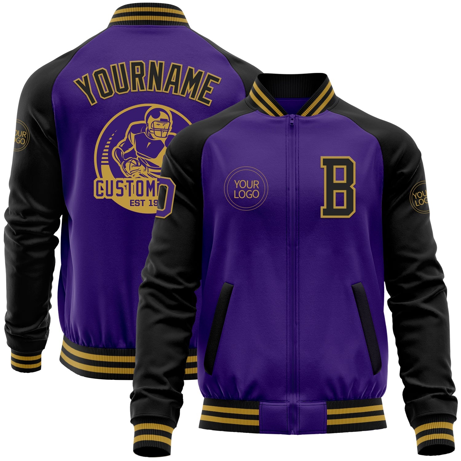 Custom Purple Black-Old Gold Bomber Varsity Letterman Two Tone Zipper Jacket - Main View