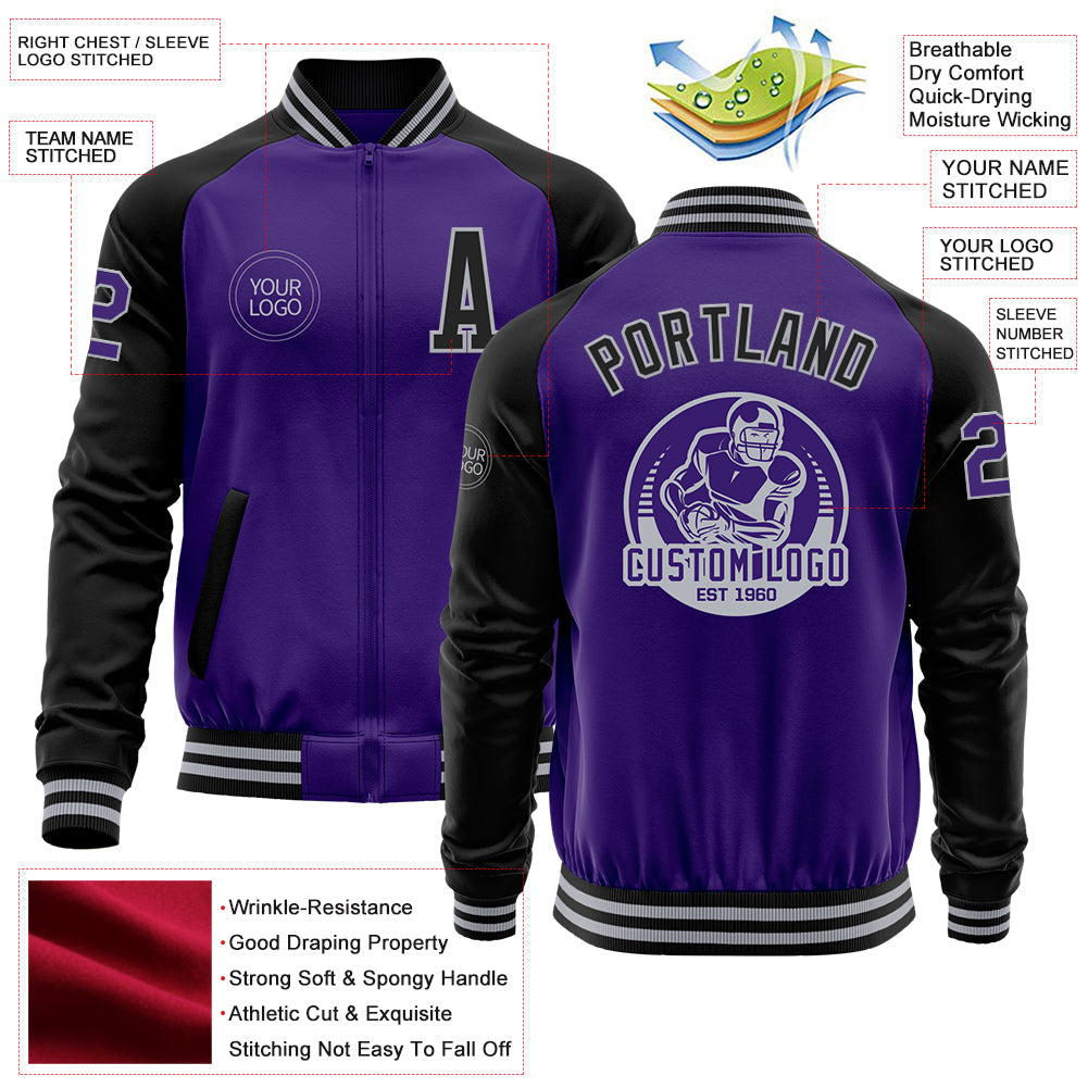 Custom Purple Black-Gray Bomber Varsity Letterman Two Tone Zipper Jacket view 4