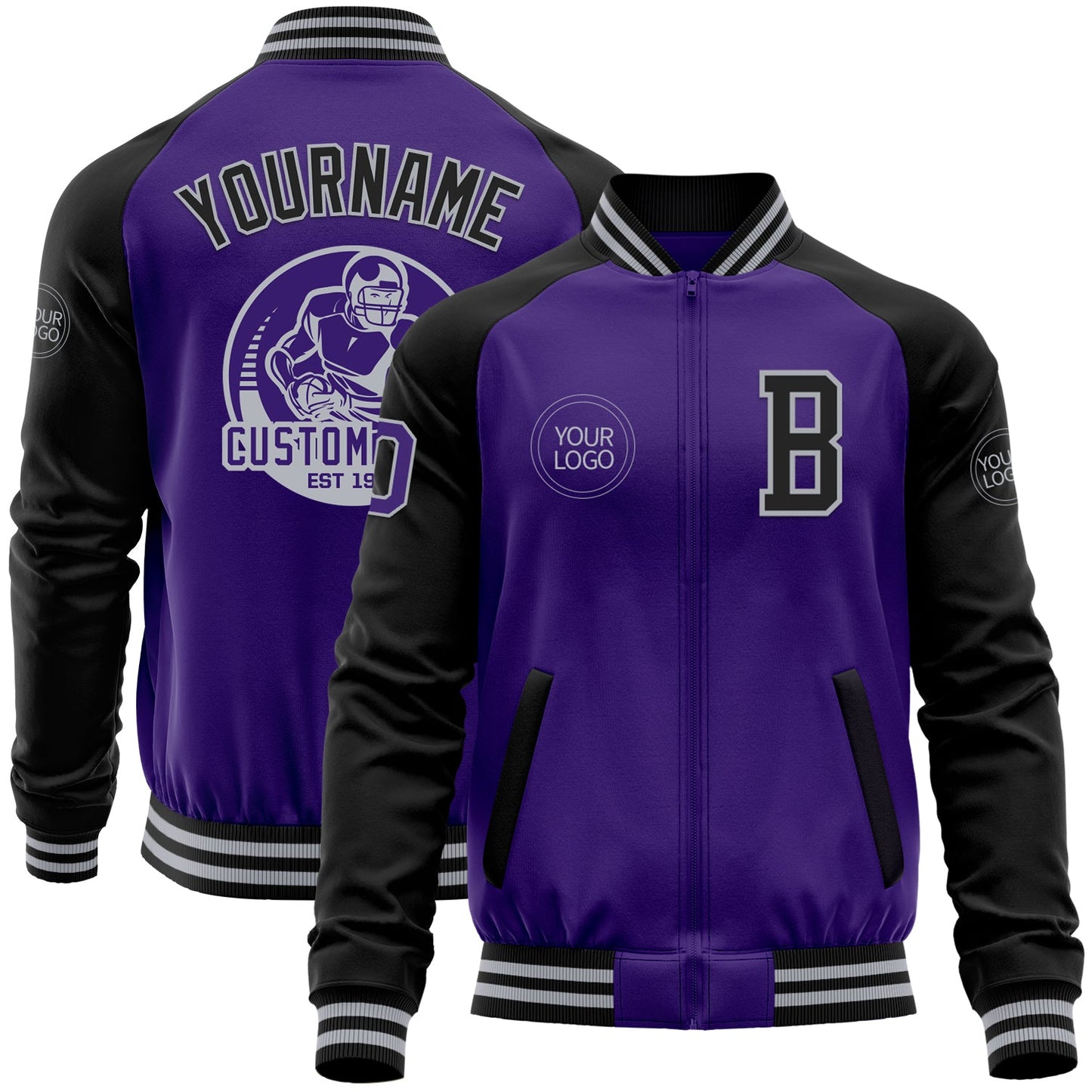 Custom Purple Black-Gray Bomber Varsity Letterman Two Tone Zipper Jacket - Main View